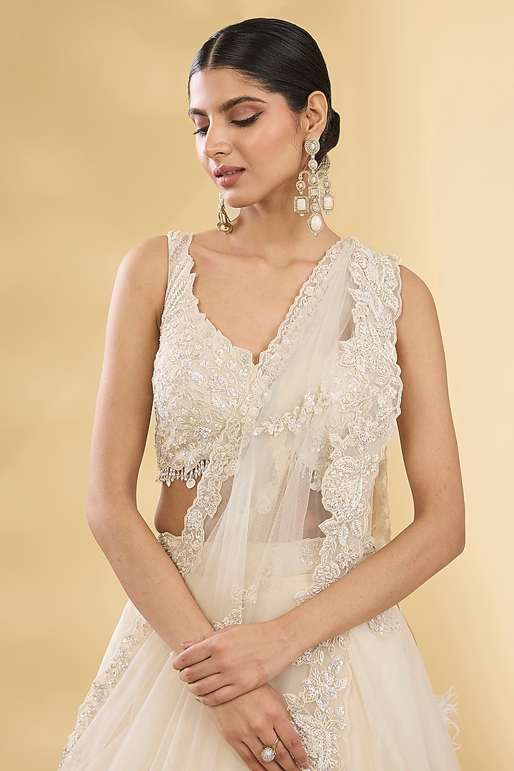 Ivory Organza Glass Beads Embroidered Wedding Lehenga Set by Pallavi Poddar (India) at Pernia's Pop Up Shop